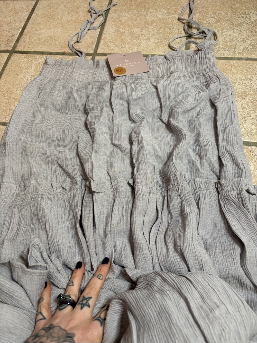 NWT Vada Winter x Maverick Tiered Smocked Boho Maxi Dress (Grey/Mauve) S - Picture 4 of 9
